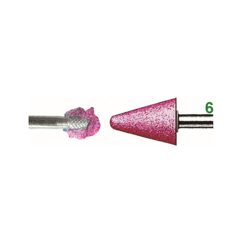 Truncated-conical abrasive wheel with 6 mm diameter shank in pink corundum. 2 models available