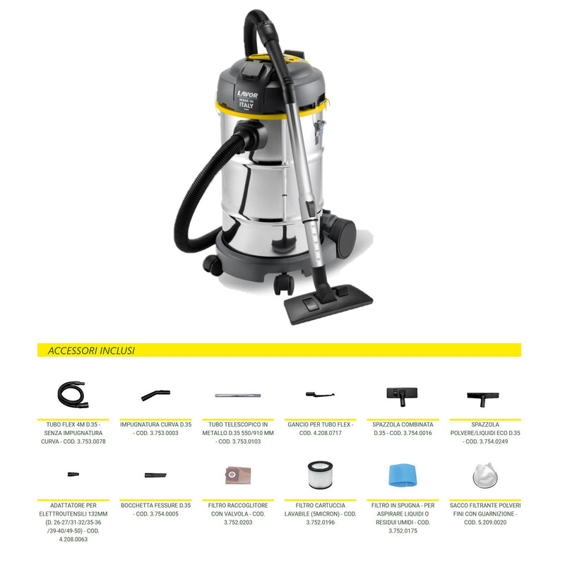 Aspira polveri e liquidi LAVOR WT 30 XEL 30lt e accessori 800W Aspira polveri e liquidi LAVOR WT 30 XEL 30lt e accessori 800W