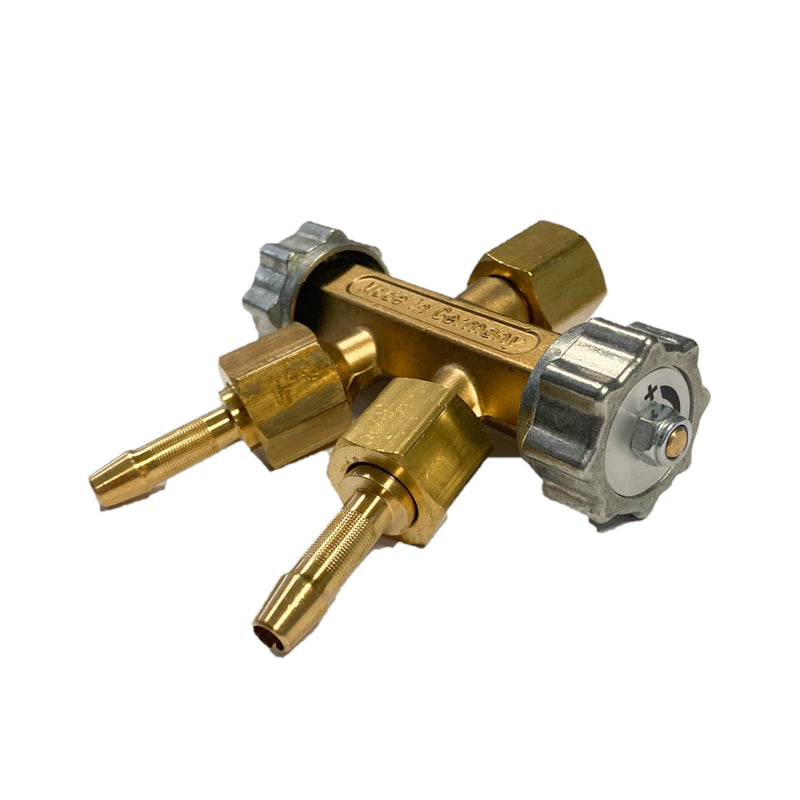 Derivazione 2 vie con rubinetto per riduttore di pressione GAS-OSSIGENO attacco 3/8" portagomma da 8 mm