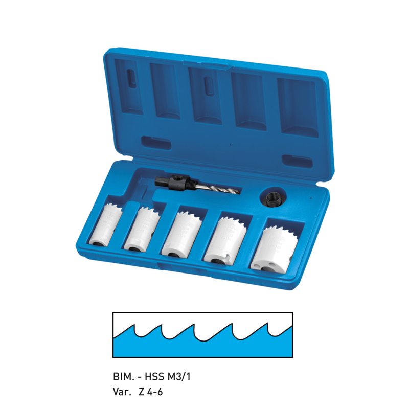 Assortimento di 5 seghe a tazza HSS frese e adattatore in cassetta FERVI 0712/005