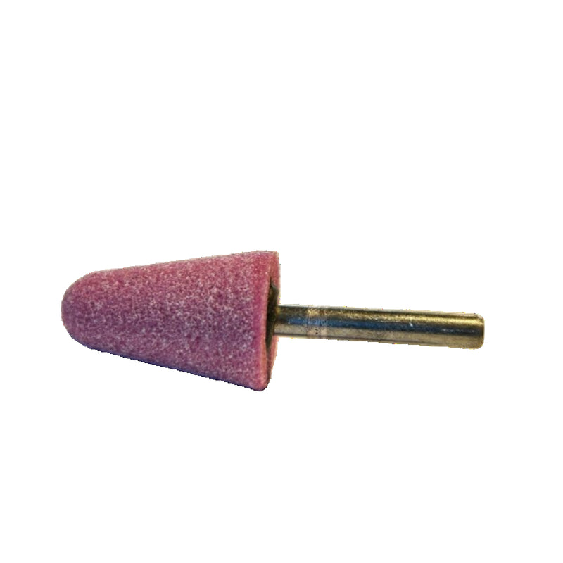 Truncated-conical abrasive wheel with 6 mm diameter shank in pink corundum. 2 models available