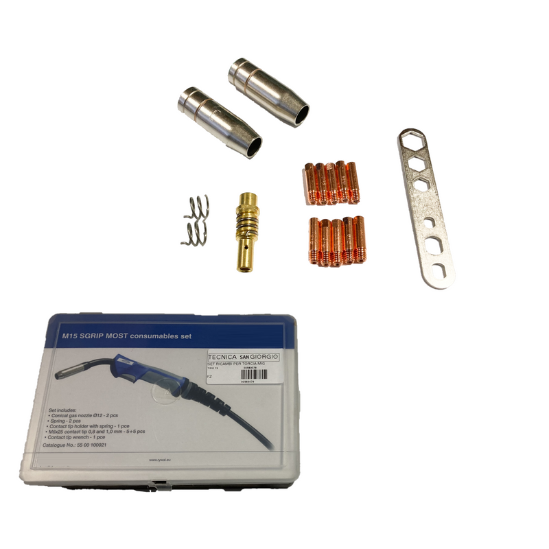 Spare parts set for MIG BZ welding wire torch 15 nozzles, wire guide tips, tip holder, 16 pieces springs