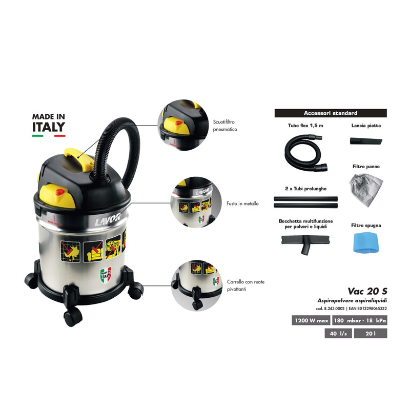 Bidone Aspiratutto Aspira liquidi-polvere 20 Litri 1200W LAVOR VAC 20 Bidone Aspiratutto Aspira liquidi-polvere 20 Litri 1200W LAVOR VAC 20