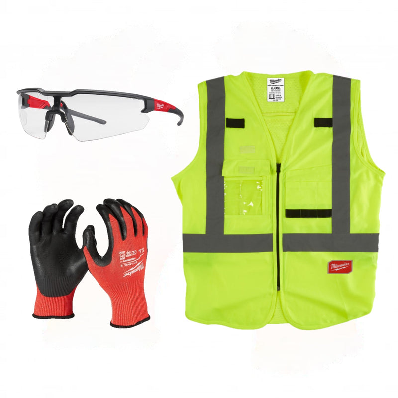 Gilet alta visibilità, occhiali di sicurezza e guanti da lavoro per la sicurezza personale MILWAUKEE