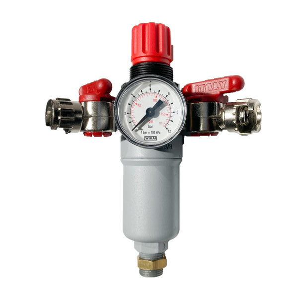 Filtro regolatore aria compressa att. 3/8 con manometro e 2 rubinetti di  uscita AIREX 452