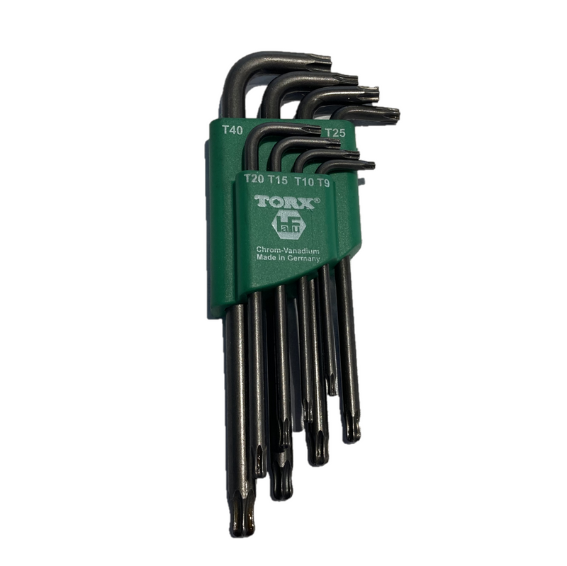 Set of 8 bent TORX wrenches with one ball end for mechanical operations